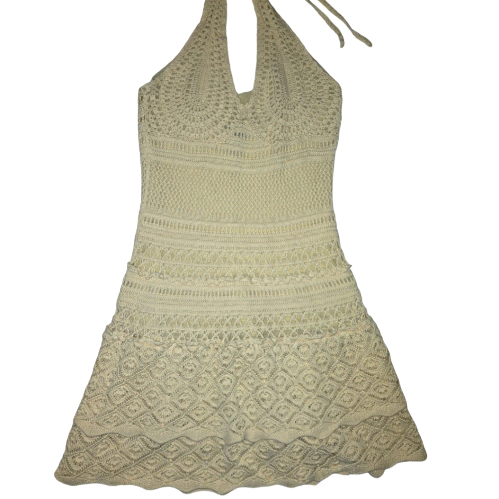 Moda International Women Large White Boho Crochet Beach Mini Dress